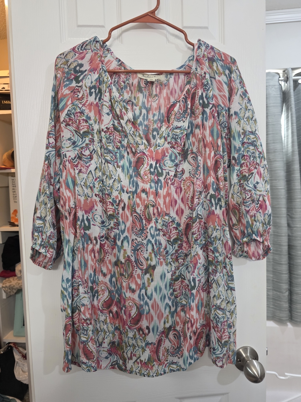 Paisley Print V-Neck Tunic in Pink and Teal
